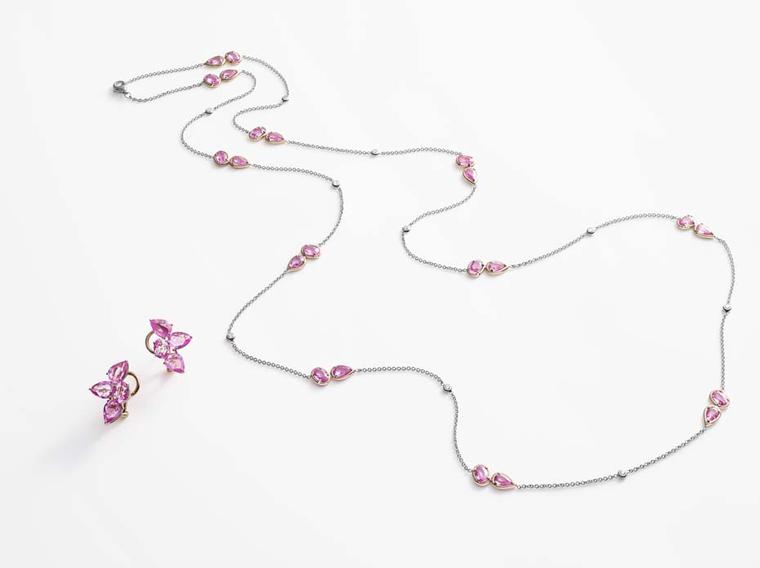 This long sautoir-style pink sapphire necklace, pictured alongside pretty lobe-hugging earrings, from William & Son features pairs of pink sapphires in soft organic shapes and can be worn long or wrapped twice around the neck.
